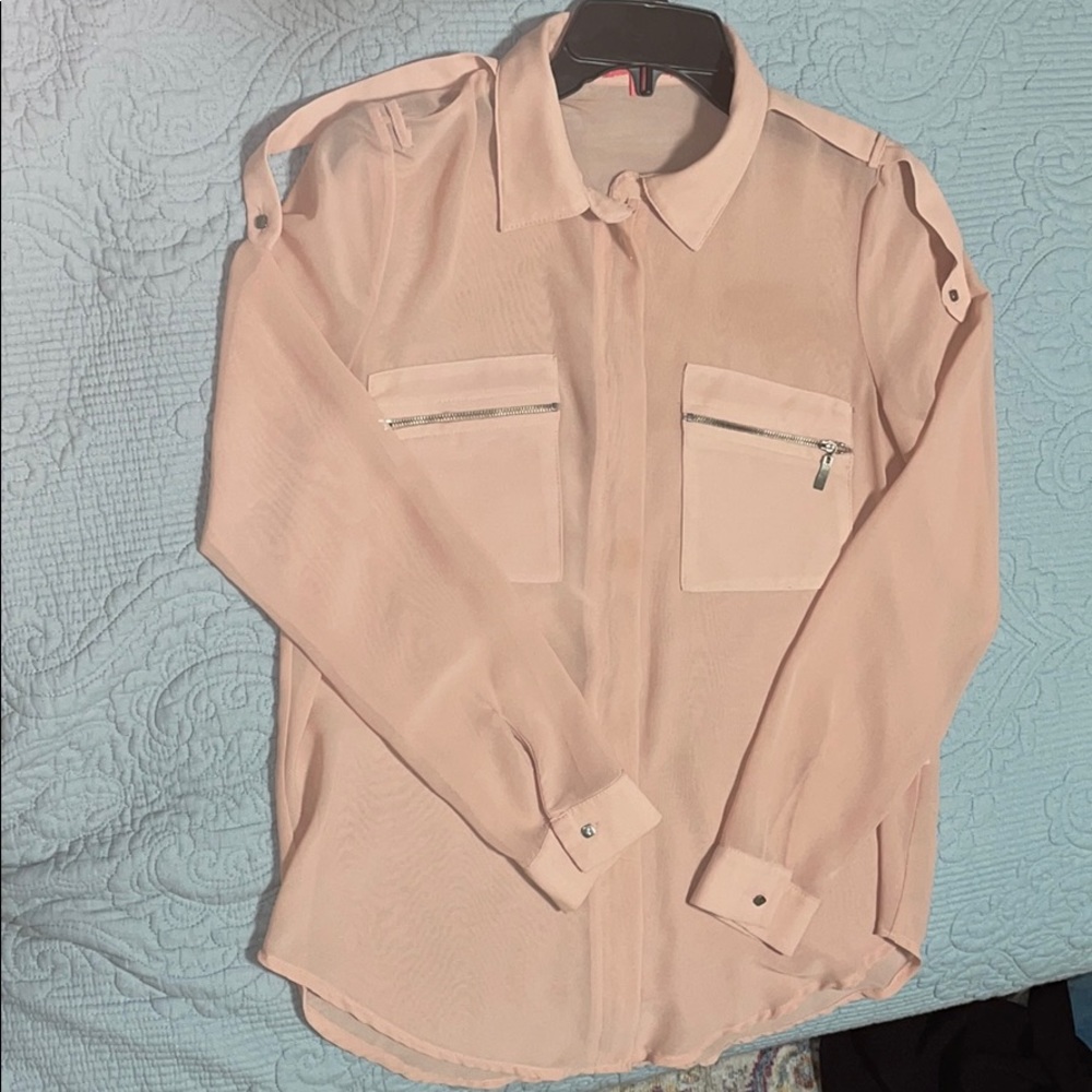 Blush pink button down dress blouse with pockets
